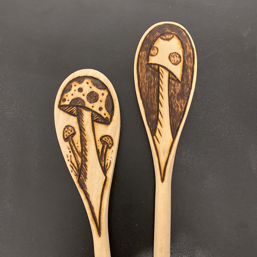 Woodburned Mushroom Wooden Spoon set handcrafted